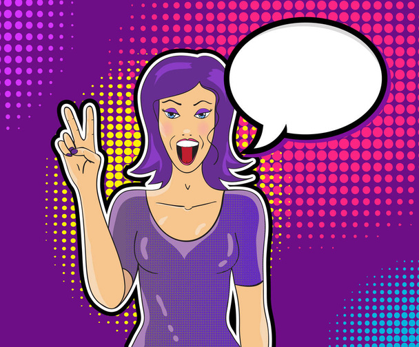Pop art smiling woman showing victory sign with speech bubble - Vektor, kép
