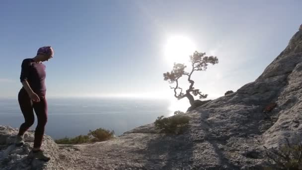 junge Frau hoch oben in den Bergen über einem Meer. Dame auf dem Gipfel in einer wunderschönen Landschaft, die das Schwarze Meer von einer Höhe auf der Krim beobachtet. - Filmmaterial, Video