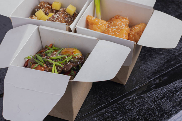 take away asian wok food in boxes, close up - Photo, Image