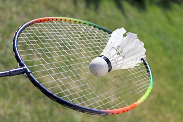 badminton shuttlecocks on racket - Fotoğraf, Görsel