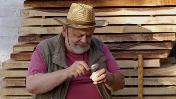 Senior drinken rauwe kip van ei bebaarde zittend buiten tegen stapel planken - Video