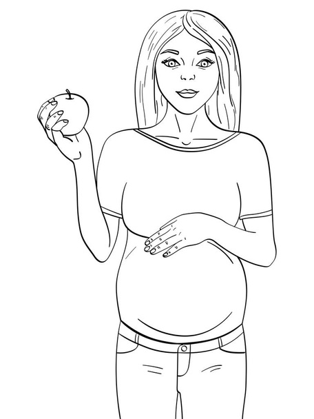 παιδιών και ενηλίκων χρωματισμός, μαύρες γραμμές, λευκό φόντο. Έγκυος γυναίκα, για τον ένατο μήνα. Κατέχει ένα μήλο στο χέρι του. - Φωτογραφία, εικόνα