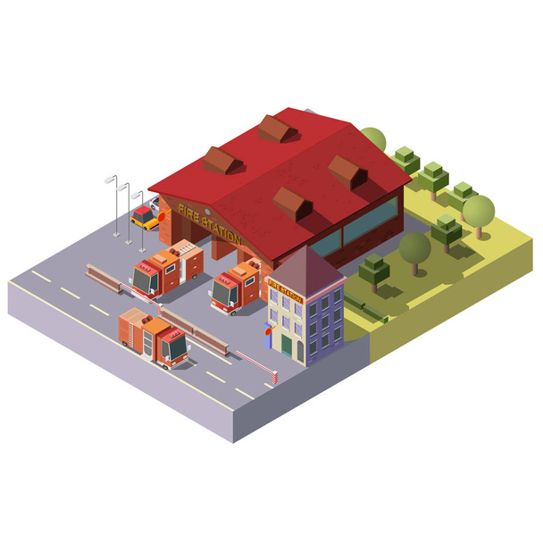 Vector 3d isometric fire station. Municipal service - Vector, Image