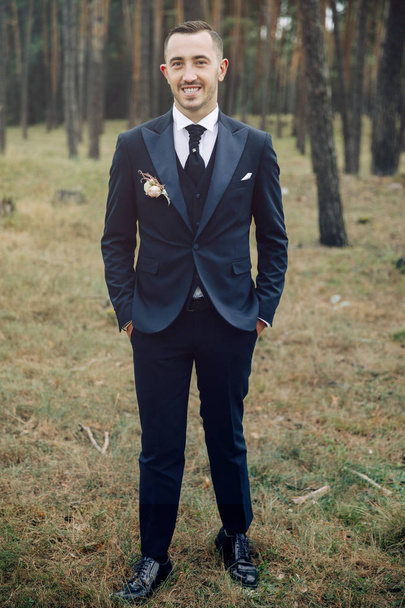 Groom portrait, Handsome elegant bearded groom. Groom posing outdoors on a wedding day. - Foto, immagini