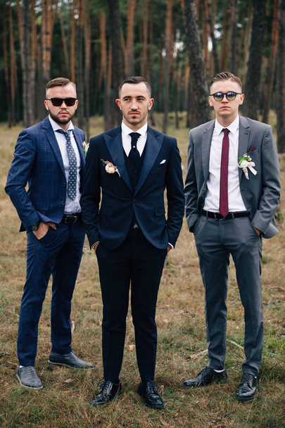 Wedding day. Stylish groom. Stylish portrait groomsmen and groom stand on nature. - Foto, Bild