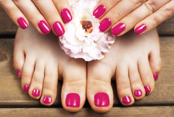 Pink manicure and pedicure with flower close-up, isolated on a w - Fotografie, Obrázek