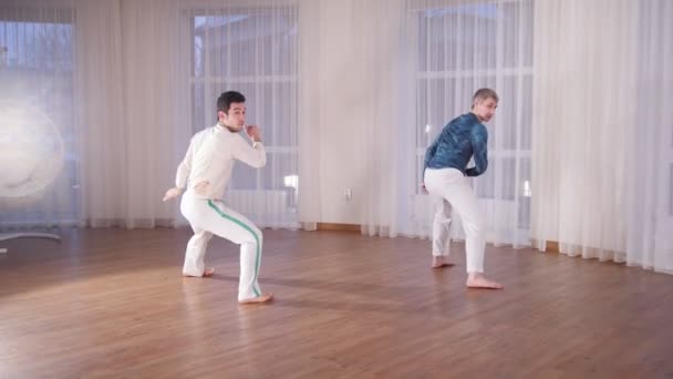 Πολεμικές τέχνες. Δύο άνδρες ακροβατικής επιδόσεις capoeira στοιχεία - Πλάνα, βίντεο