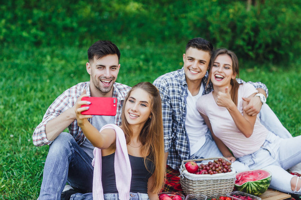 Happy young friends having picnic in park, making selfie - Foto, imagen