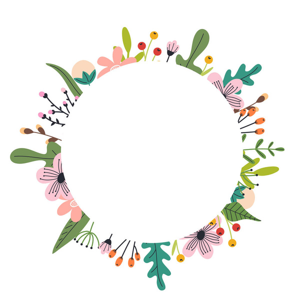 Floral hand drawn wreath. Spring abstract flowers and leaves.Spring print for posters and greeting cards. - Vetor, Imagem