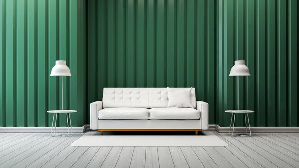 nowoczesny salon vintage wnętrza, białej kanapie i lampy z zielonej ściany /3d renderowania - Zdjęcie, obraz