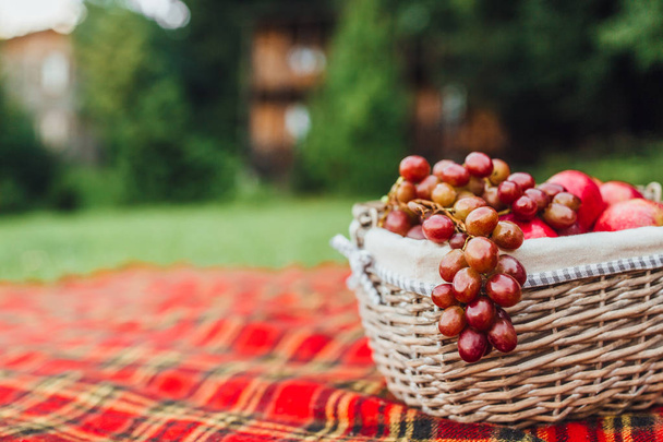 red grape in basket on red plaid, focus on foreground - 写真・画像