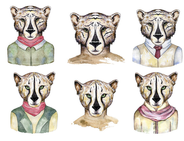 Hand drawn portrait of cute tiger girl and boy set cat in clothing. Watercolor illustration isolated on white - Zdjęcie, obraz
