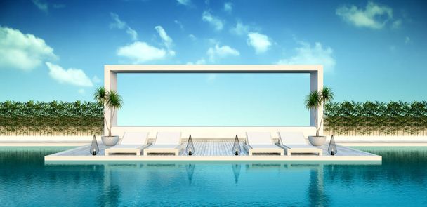 Strand van levende, ligstoelen / zwembad terras in luxevilla/3D-rendering - Foto, afbeelding