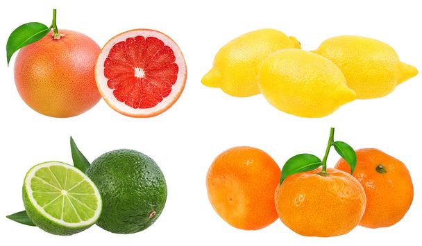 Citrus Fruit Set (tangerine, grapefruit, lime, lemon) isolated on white background. - Foto, afbeelding