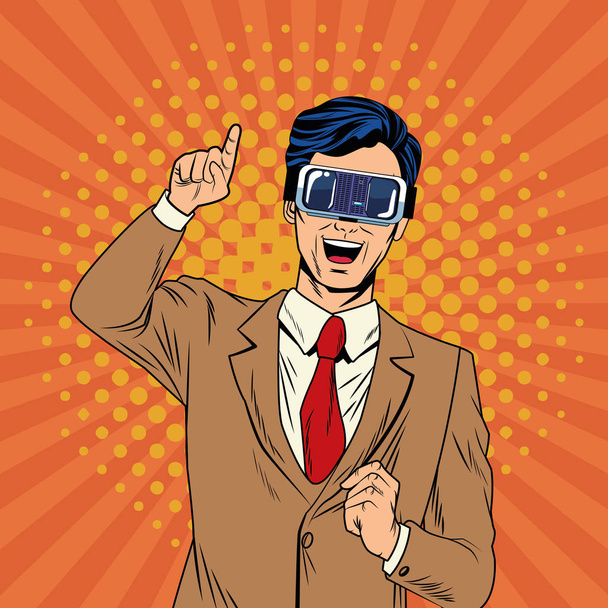 Businessman virtual reality pop art cartoon - Vector, Image