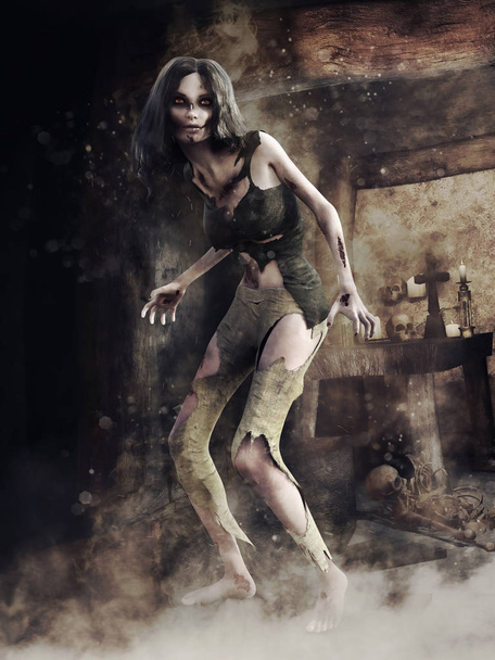 Zombie girl standing in a spooky tomb with skulls and candles. 3D render. - Φωτογραφία, εικόνα