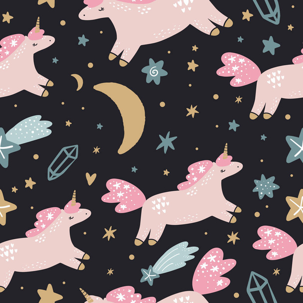 Vector EPS cute animals art. Wrapping paper pattern with unicorns. Princess pony in simple cartoon scandinavian style - Διάνυσμα, εικόνα