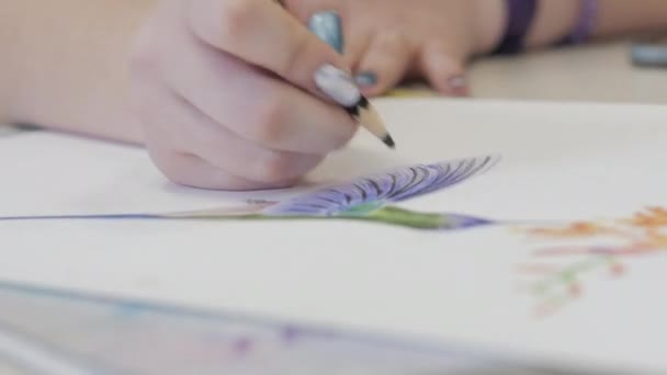 Young Hands of the Artist,Woman Artist Paints a Canvas with Graphite Pencils,Sitting a Ttable and Draw on Canvas. Process of Drawing: in Artists Art Studio Hand Girl Sketching on Canvas.Shot Close-up - Кадри, відео