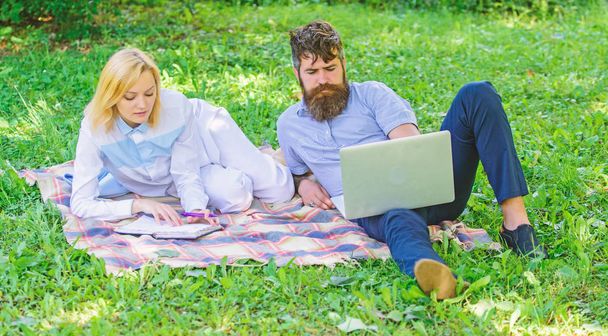 Couple in love or family work freelance. Modern online business. Family spend leisure outdoors work laptop. How to balance freelance and family life. Stories of enduring family success and innovation - 写真・画像