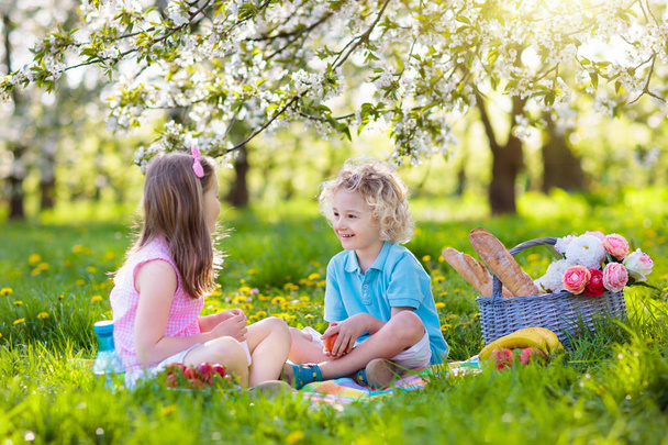 Family picnic in spring park. Kids eating outdoors - Fotoğraf, Görsel
