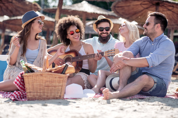 Група щасливих молодих людей, які мають пікнік на пляжі, отримують задоволення разом
. - Фото, зображення