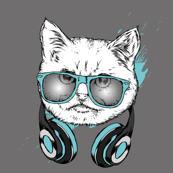 Coole Katze mit Kopfhörer. Musik und Klang. Vektorillustration für eine von Hand gezeichnete Postkarte oder ein Poster. Hipster. - Vektor, Bild