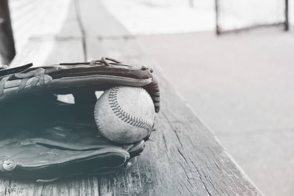 Baseball in glove laying on dugout bench in black and white. - Photo, Image