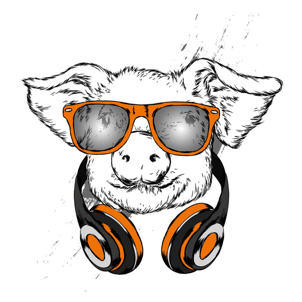 Cochon drôle dans les écouteurs et les lunettes. Joli cochon. Musique et son. Illustration vectorielle pour carte de vœux ou affiche
. - Vecteur, image