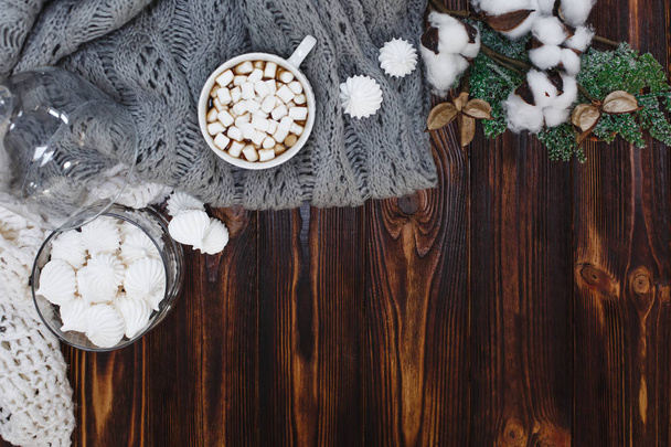 cacao with marshmallows in white cup on christmas background  - Фото, зображення