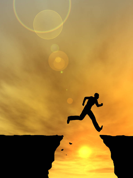 Concept or conceptual young 3D illustration man or businessman silhouette jump happy from cliff over  gap sunset or sunrise sky background - Photo, Image