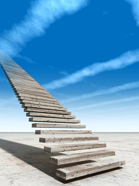 Concept ou illustration 3D conceptuelle escalier vers le ciel sur fond de ciel dans le désert avec des nuages
 - Photo, image