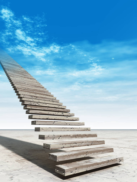 Concept or conceptual 3D illustration stair steps to heaven on sky background in desert with clouds - Photo, Image