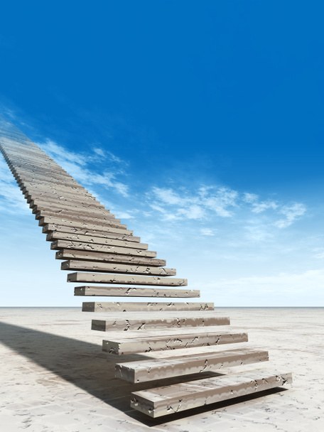 Konzept oder konzeptionelle 3D-Illustration Treppenstufen zum Himmel auf Himmelshintergrund in der Wüste mit Wolken - Foto, Bild