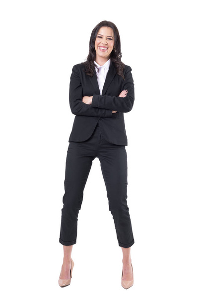 Happy excited business woman with crossed arms laughing. Full body isolated on white background.  - 写真・画像