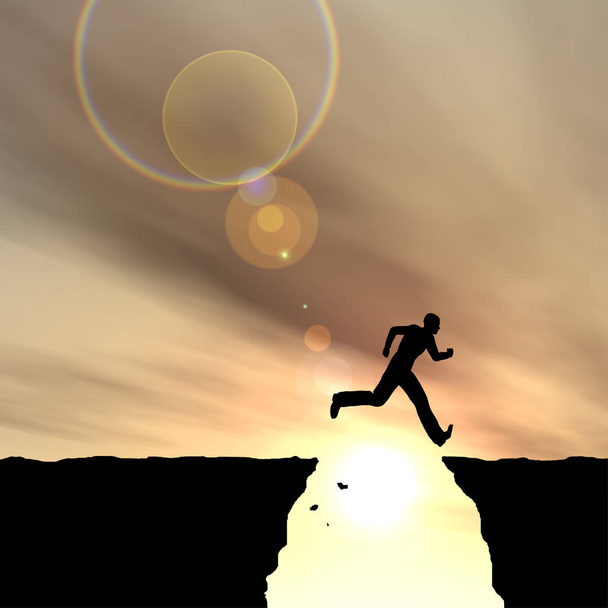 Έννοια ή εννοιολογική μικρά 3d απεικόνιση άνθρωπος ή επιχειρηματίας σιλουέτα ευτυχισμένη άλμα από βράχο πάνω από το χάσμα ηλιοβασίλεμα ή sunrise φόντο του ουρανού - Φωτογραφία, εικόνα
