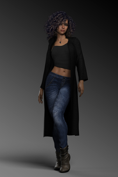 Urban Fantasy Woman in Jeans, African American with Curly Hair in Action Pose - Photo, Image