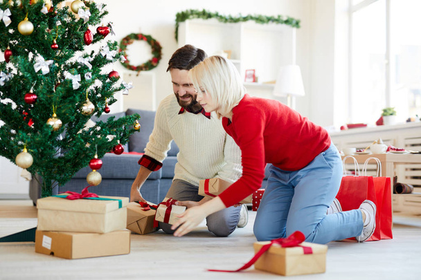Jeune couple mettant de grandes et petites boîtes-cadeaux sous le sapin de Noël décoré la veille
 - Photo, image