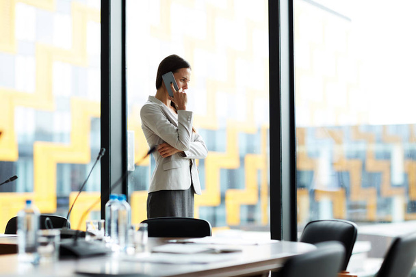 Retrato de vista lateral de una mujer de negocios elegante hablando por la pantalla del teléfono inteligente mientras está de pie junto a la ventana en la sala de conferencias, espacio para copiar
 - Foto, Imagen