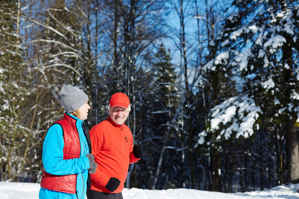 Cónyuges maduros en ropa deportiva que hablan mientras trotan en el bosque o parque de invierno
 - Foto, imagen