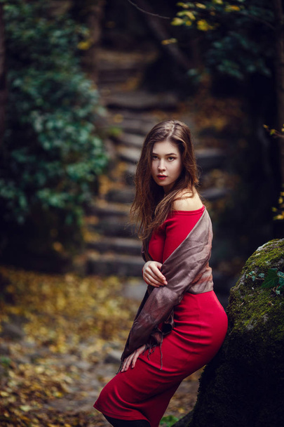 Egy piros ruha gyönyörű lány sétál végig a tavaszi park - Fotó, kép