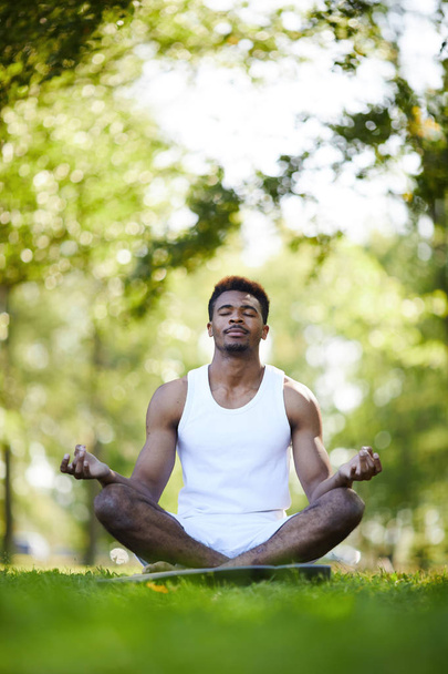 ernster, konzentrierter junger schwarzer Mann mit überkreuzten Beinen, die Augen geschlossen und die Hände in Mudra haltend, während er im Sommerpark meditiert - Foto, Bild
