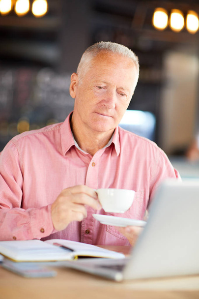 Serious aged businessman with cup of tea or coffee siting in cafe in front of laptop - Фото, зображення
