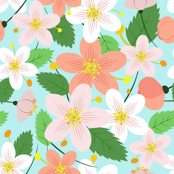 Seamless background of delicate spring flowers on blue background - Vector, Image