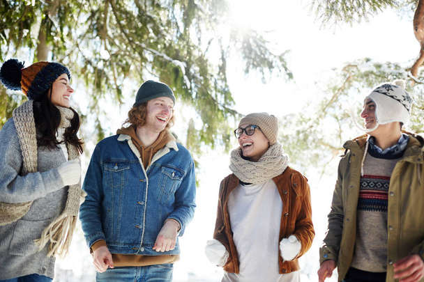 Skupina šťastných mladých lidí, kteří se baví v krásném zimním lese ozářené slunečním zářením na dovolené - Fotografie, Obrázek
