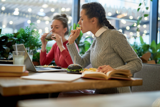 Δύο έφηβοι φοιτητές που κάθονται στο κολλέγιο καφέ, τρώγοντας φαστ φουντ και βλέποντας το Web στο laptop - Φωτογραφία, εικόνα