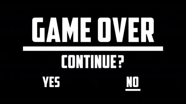 A videogame ending screen text on a tv: Game over Continue Yes No choice . Game background with animation and effects. - Footage, Video