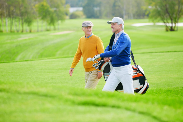 緑のフィールドに沿ってゴルフのゲームのために急いで話をする2人の高齢者の仲間 - 写真・画像