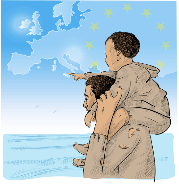 father and son immigrants in front of the European map - Photo, Image