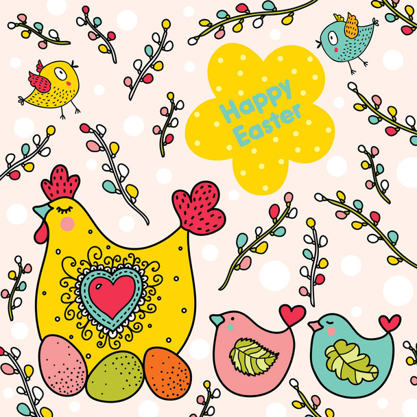 Χαριτωμένο μοτίβο χωρίς ραφή για διακοπές Πάσχα. Κουνέλια, πουλιά, κότες και κότες, ιτιά και λουλούδια. Μπορεί να χρησιμοποιηθεί για ταπετσαρία, γεμίσματα μοτίβο, φόντο ιστοσελίδα, ύφασμα, κάρτες. - Διάνυσμα, εικόνα