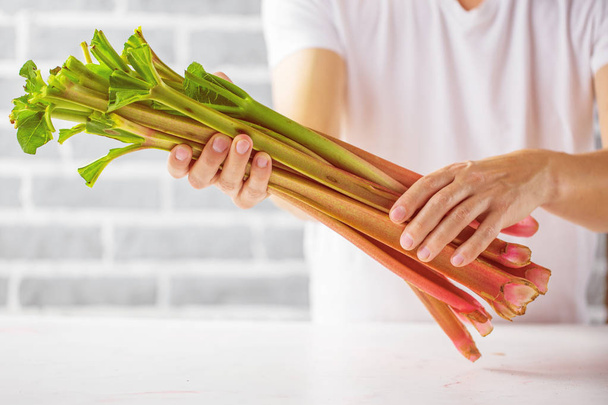 cropped shot of person holding fresh rhubarb stalks - Fotografie, Obrázek